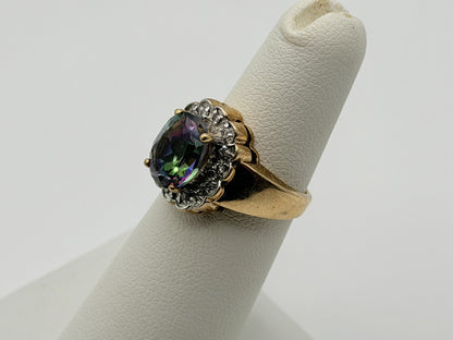 10K Yellow Gold Mystic Topaz and Diamond Halo Ring.Colorful Statement Ring