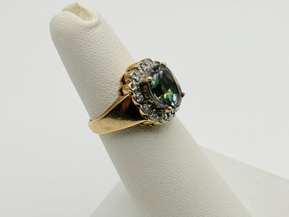 10K Yellow Gold Mystic Topaz and Diamond Halo Ring.Colorful Statement Ring