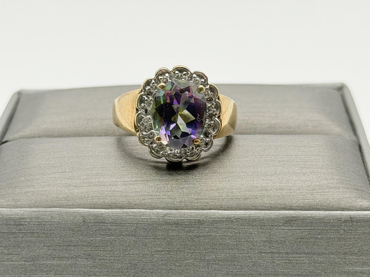 10K Yellow Gold Mystic Topaz and Diamond Halo Ring.Colorful Statement Ring