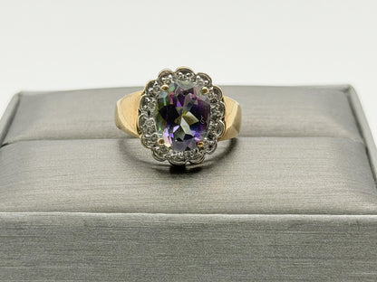 10K Yellow Gold Mystic Topaz and Diamond Halo Ring.Colorful Statement Ring
