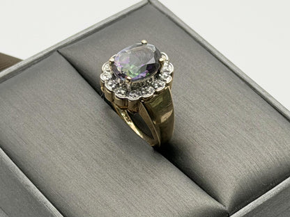 10K Yellow Gold Mystic Topaz and Diamond Halo Ring.Colorful Statement Ring