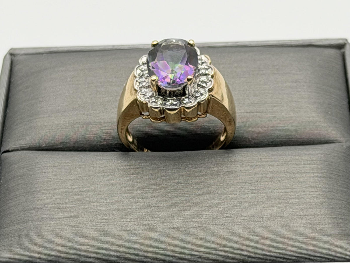 10K Yellow Gold Mystic Topaz and Diamond Halo Ring.Colorful Statement Ring