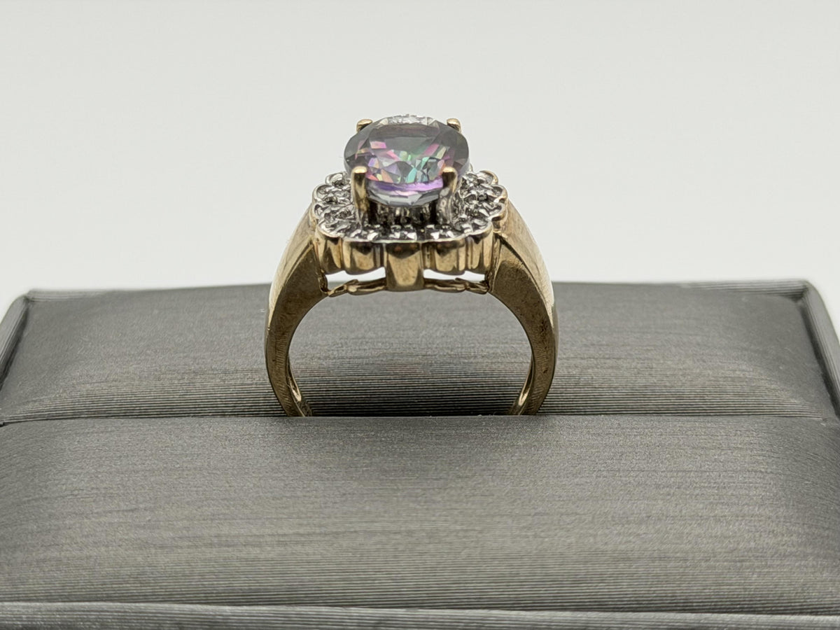 10K Yellow Gold Mystic Topaz and Diamond Halo Ring.Colorful Statement Ring