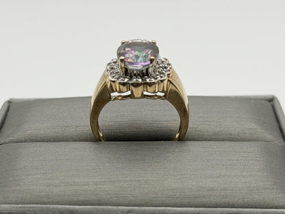10K Yellow Gold Mystic Topaz and Diamond Halo Ring.Colorful Statement Ring