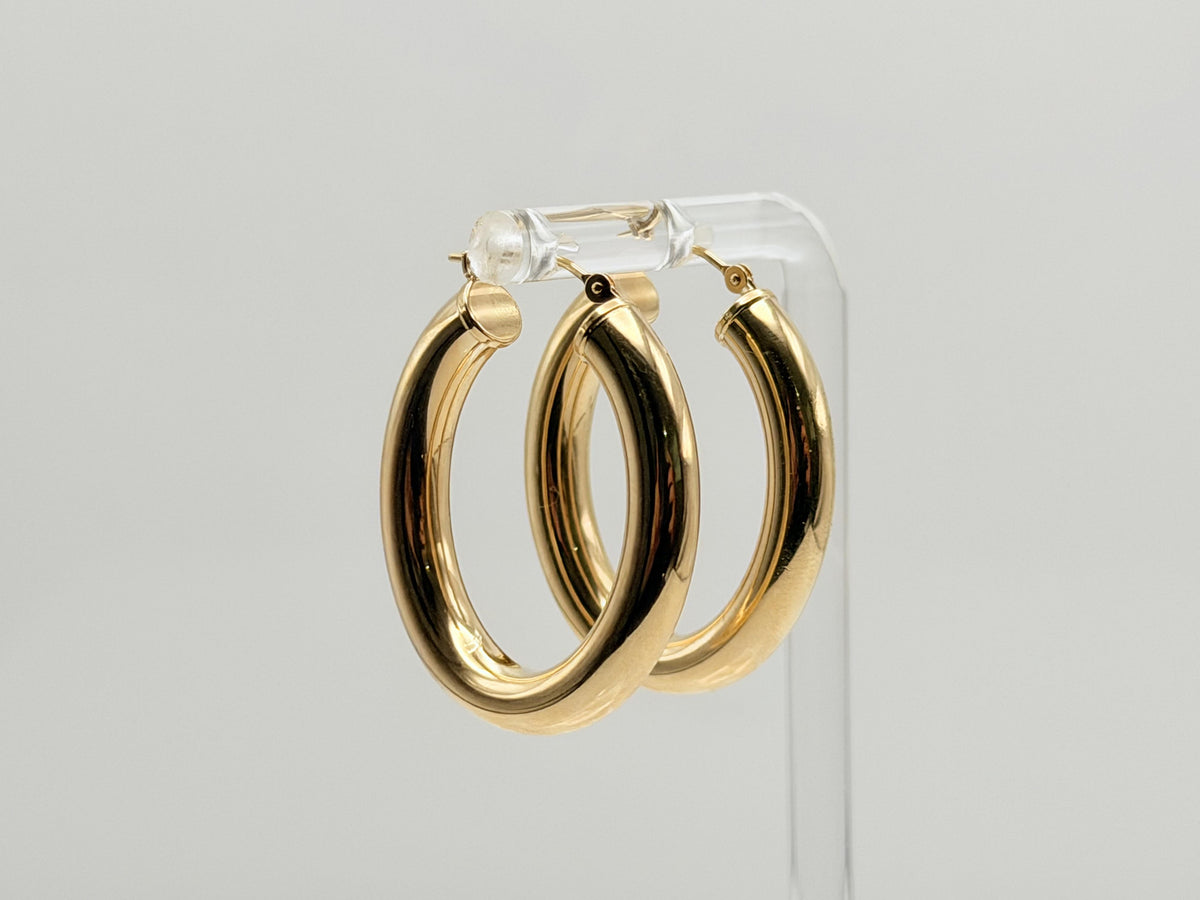 Vintage 14K Solid Yellow Gold Oval Hoop Earrings 26mm Wide Classic Hoops