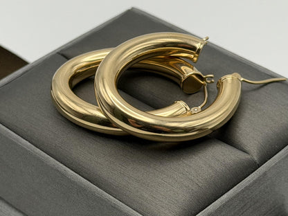Vintage 14K Solid Yellow Gold Oval Hoop Earrings 26mm Wide Classic Hoops