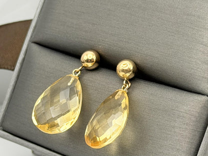 14K Gold Citrine Drop Earrings. Faceted Teardrop Gemstone Earrings.
