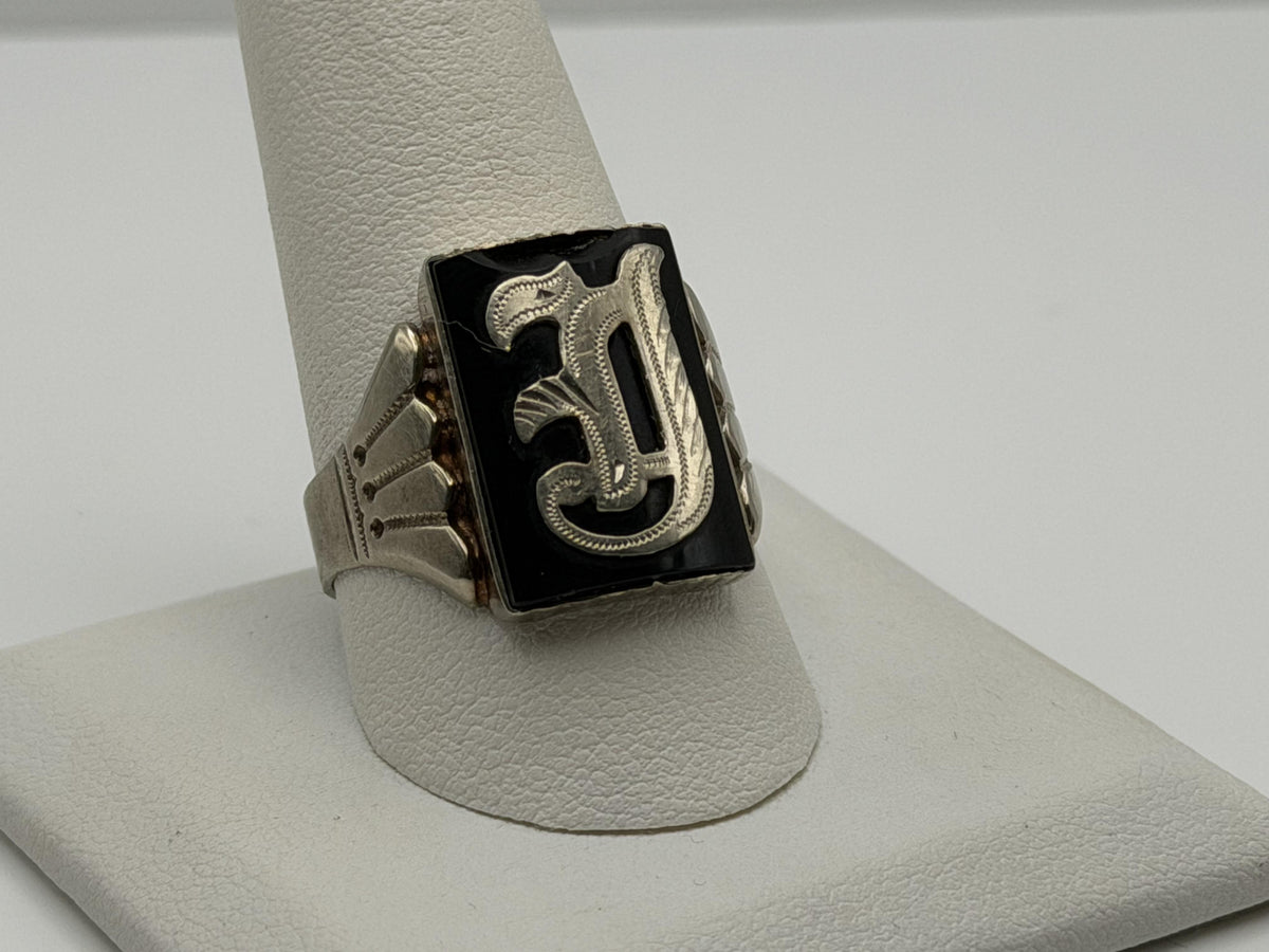 Victorian 10k A or J Letter Monogram Black Onyx Ring Signet Statement Ring.