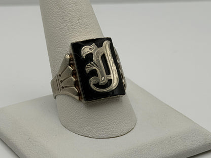 Victorian 10k A or J Letter Monogram Black Onyx Ring Signet Statement Ring.