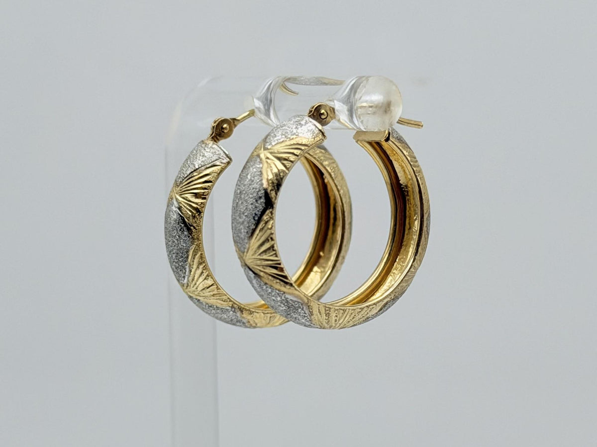 Vintage 10K Two-Tone Gold Hoop Earrings Textured Yellow & White Gold 20.2mm