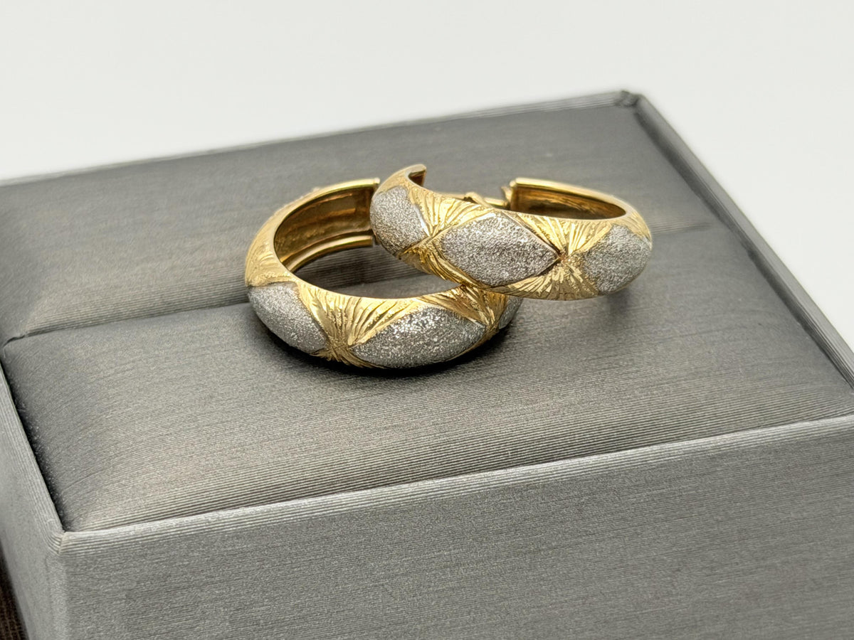 Vintage 10K Two-Tone Gold Hoop Earrings Textured Yellow & White Gold 20.2mm