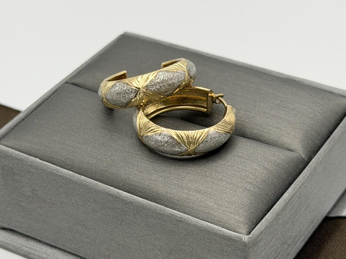 Vintage 10K Two-Tone Gold Hoop Earrings Textured Yellow & White Gold 20.2mm