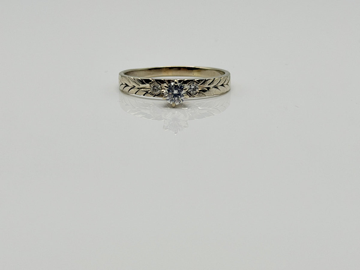 14K White Gold Three Diamond Ring.Vintage Engraved Floral Band.Engagement Ring.