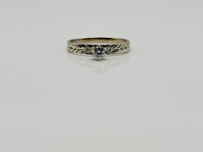 14K White Gold Three Diamond Ring.Vintage Engraved Floral Band.Engagement Ring.