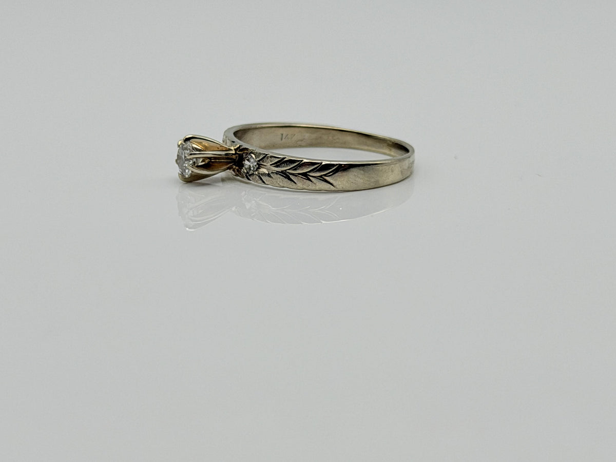 14K White Gold Three Diamond Ring.Vintage Engraved Floral Band.Engagement Ring.