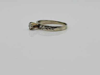 14K White Gold Three Diamond Ring.Vintage Engraved Floral Band.Engagement Ring.