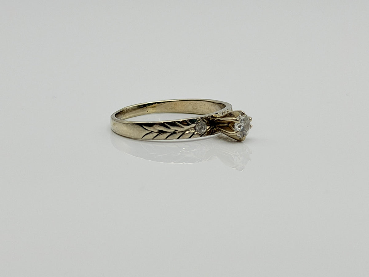14K White Gold Three Diamond Ring.Vintage Engraved Floral Band.Engagement Ring.
