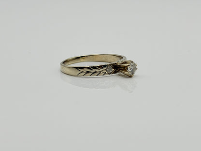 14K White Gold Three Diamond Ring.Vintage Engraved Floral Band.Engagement Ring.