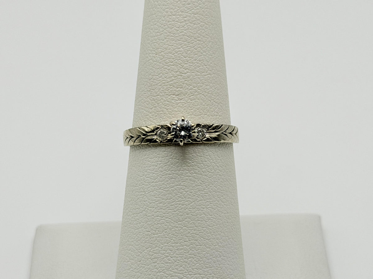 14K White Gold Three Diamond Ring.Vintage Engraved Floral Band.Engagement Ring.