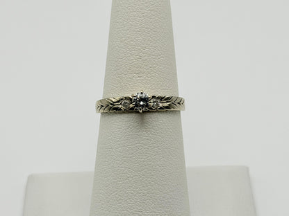 14K White Gold Three Diamond Ring.Vintage Engraved Floral Band.Engagement Ring.
