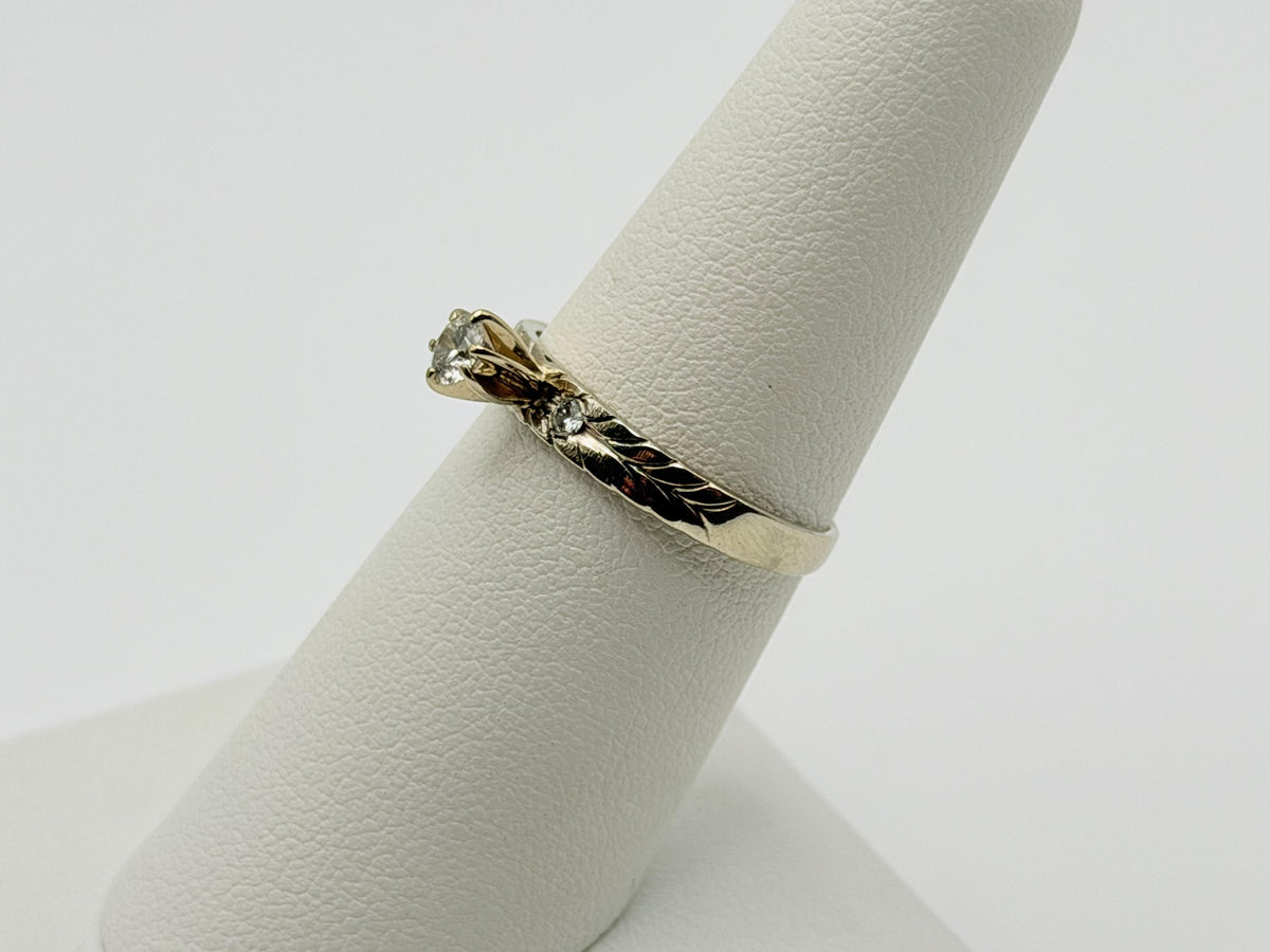 14K White Gold Three Diamond Ring.Vintage Engraved Floral Band.Engagement Ring.