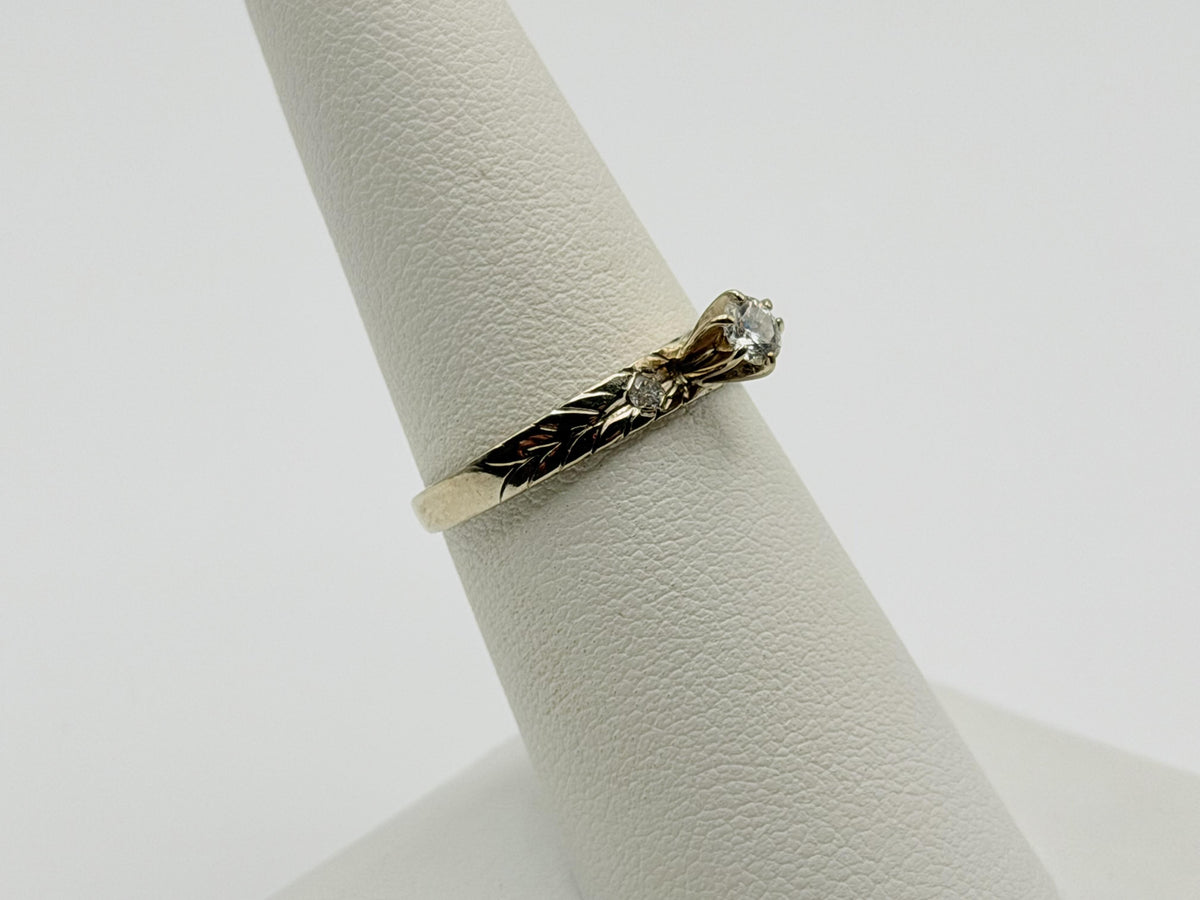 14K White Gold Three Diamond Ring.Vintage Engraved Floral Band.Engagement Ring.