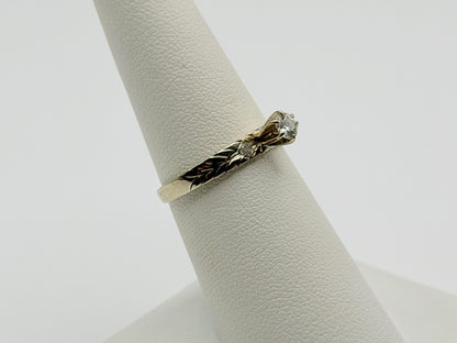 14K White Gold Three Diamond Ring.Vintage Engraved Floral Band.Engagement Ring.