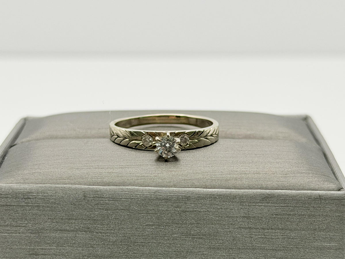 14K White Gold Three Diamond Ring.Vintage Engraved Floral Band.Engagement Ring.