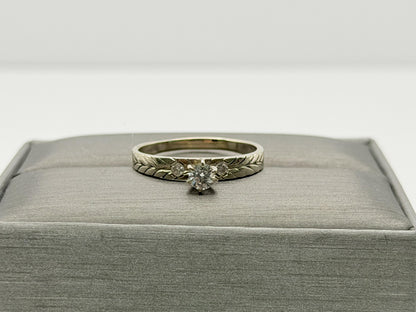 14K White Gold Three Diamond Ring.Vintage Engraved Floral Band.Engagement Ring.