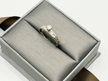 14K White Gold Three Diamond Ring.Vintage Engraved Floral Band.Engagement Ring.