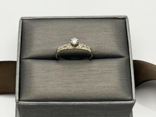 14K White Gold Three Diamond Ring.Vintage Engraved Floral Band.Engagement Ring.