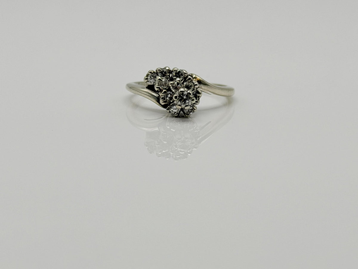 14K White Gold Diamond Cluster Ring.Bypass Design.Engagement Ring.