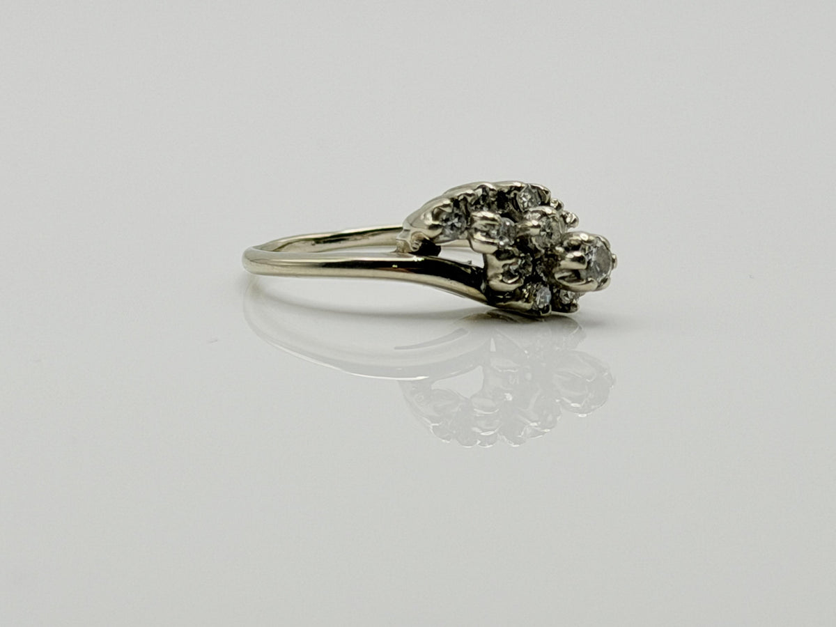 14K White Gold Diamond Cluster Ring.Bypass Design.Engagement Ring.