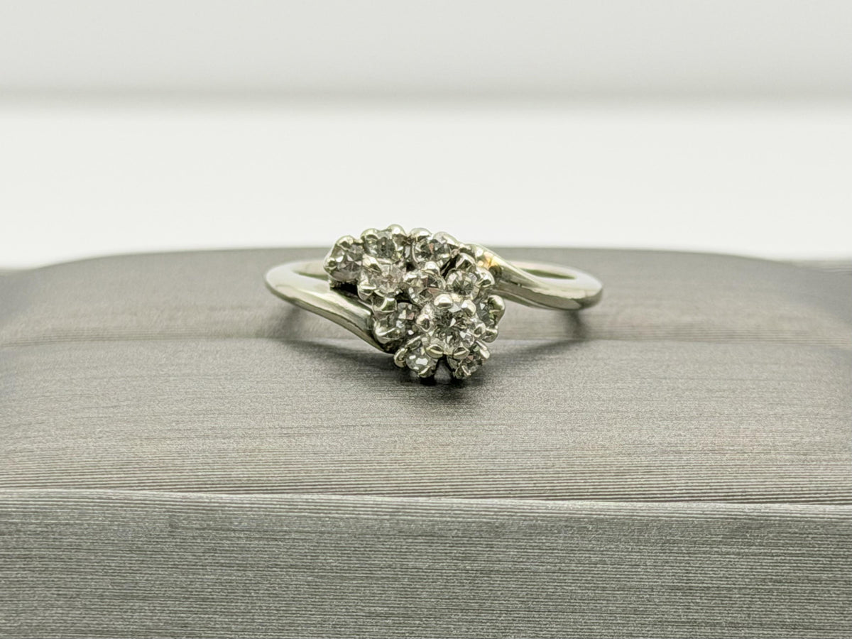 14K White Gold Diamond Cluster Ring.Bypass Design.Engagement Ring.