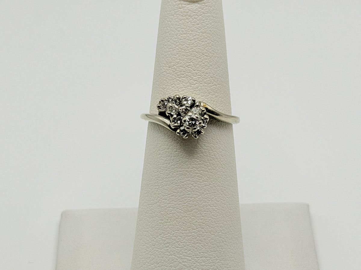 14K White Gold Diamond Cluster Ring.Bypass Design.Engagement Ring.