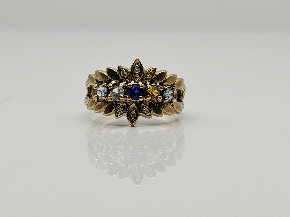 Vintage 10K Gold Multi Gemstone Diamond Ring Floral Ring