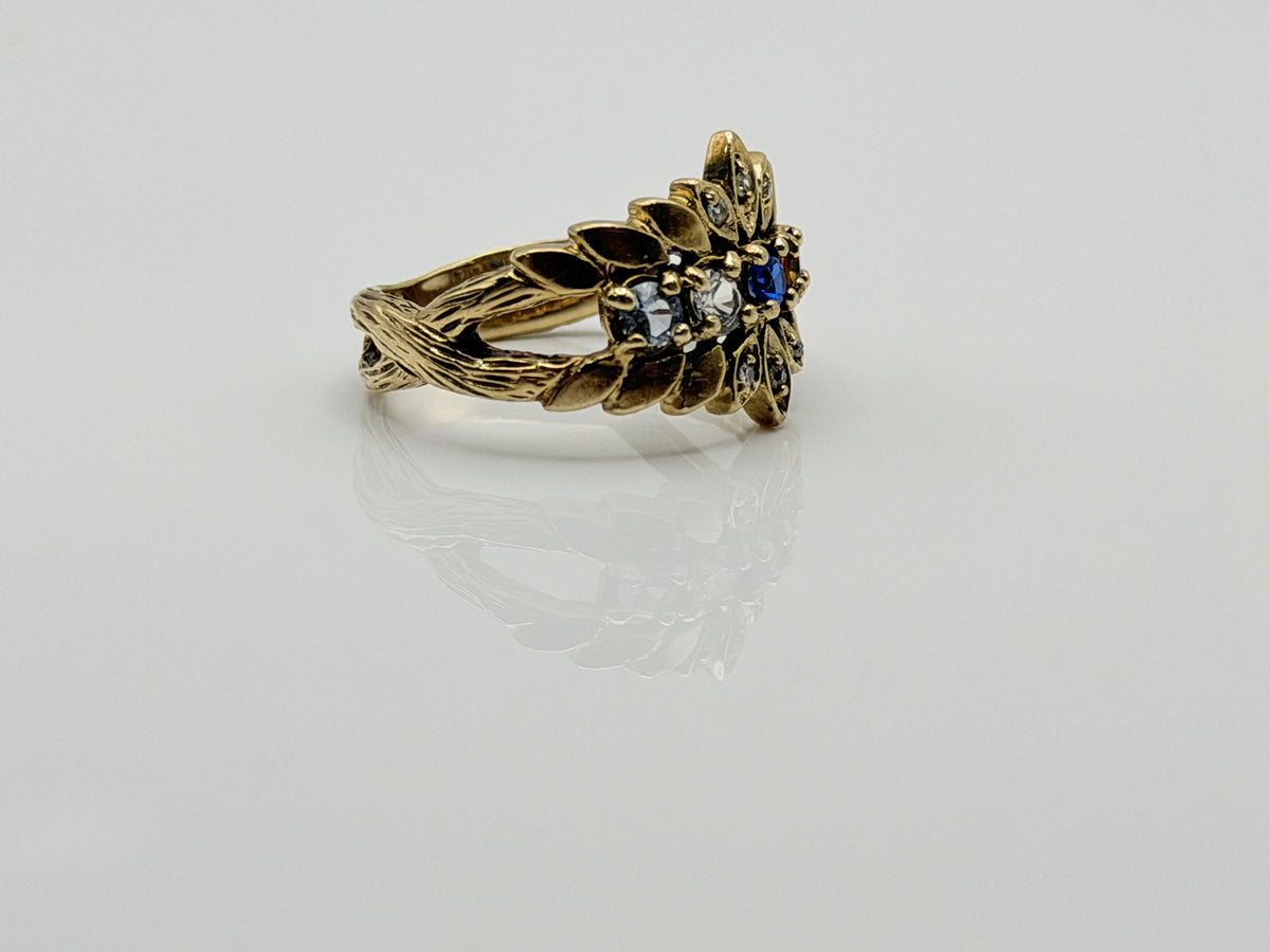 Vintage 10K Gold Multi Gemstone Diamond Ring Floral Ring