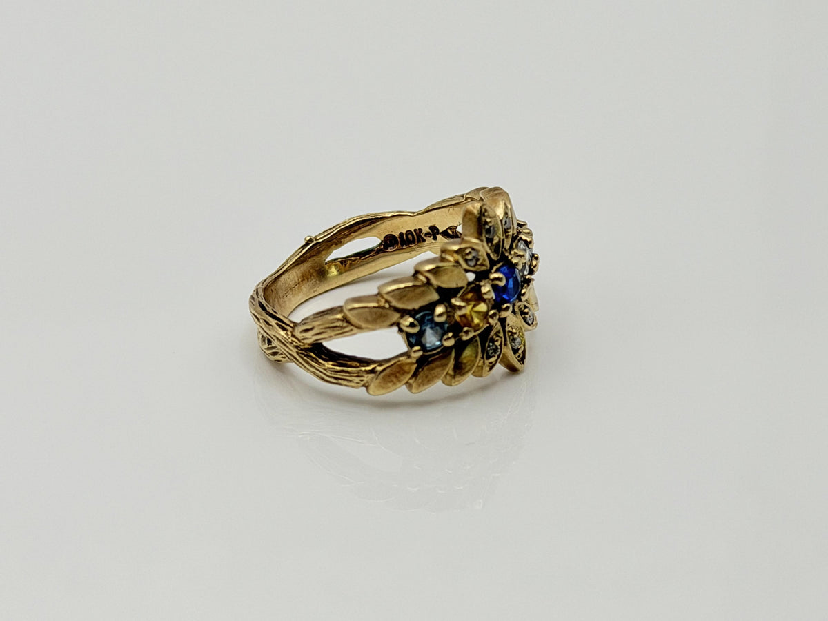 Vintage 10K Gold Multi Gemstone Diamond Ring Floral Ring