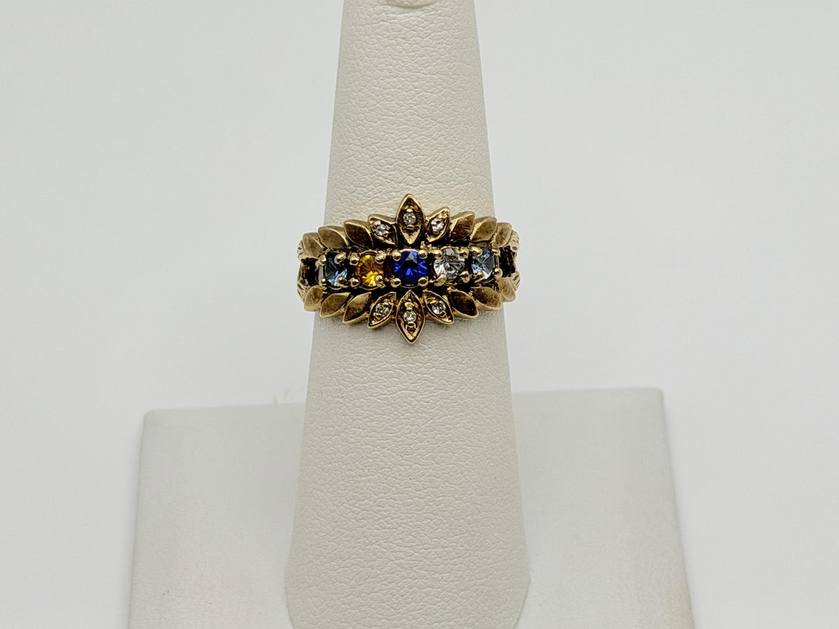 Vintage 10K Gold Multi Gemstone Diamond Ring Floral Ring