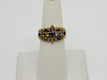 Vintage 10K Gold Multi Gemstone Diamond Ring Floral Ring