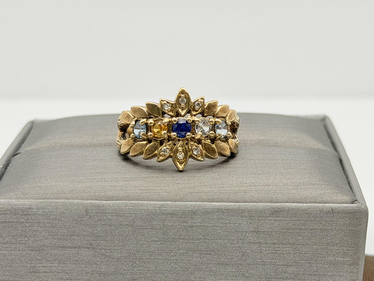 Vintage 10K Gold Multi Gemstone Diamond Ring Floral Ring