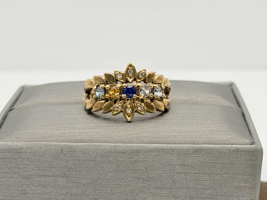 Vintage 10K Gold Multi Gemstone Diamond Ring Floral Ring