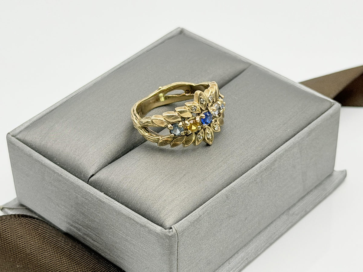 Vintage 10K Gold Multi Gemstone Diamond Ring Floral Ring