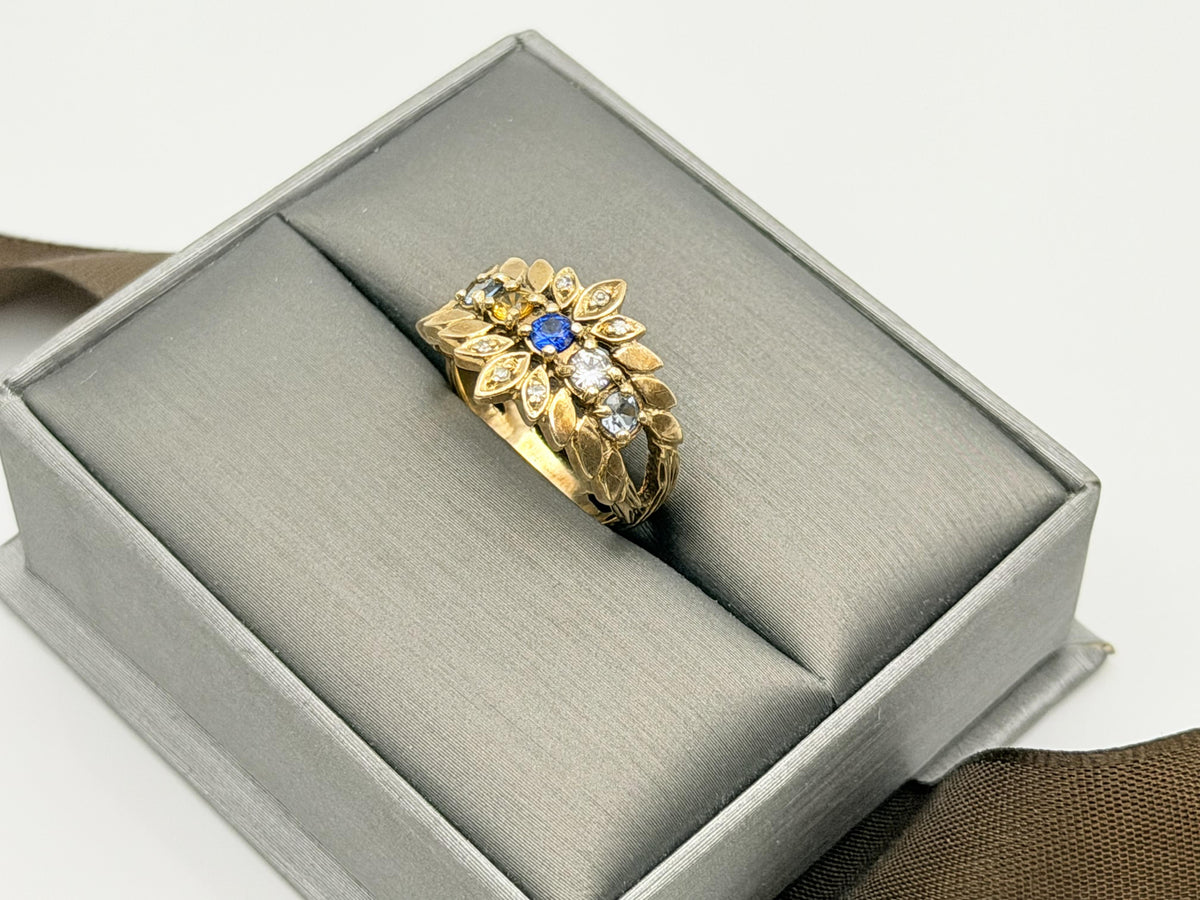 Vintage 10K Gold Multi Gemstone Diamond Ring Floral Ring