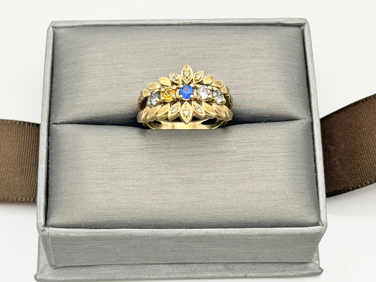 Vintage 10K Gold Multi Gemstone Diamond Ring Floral Ring