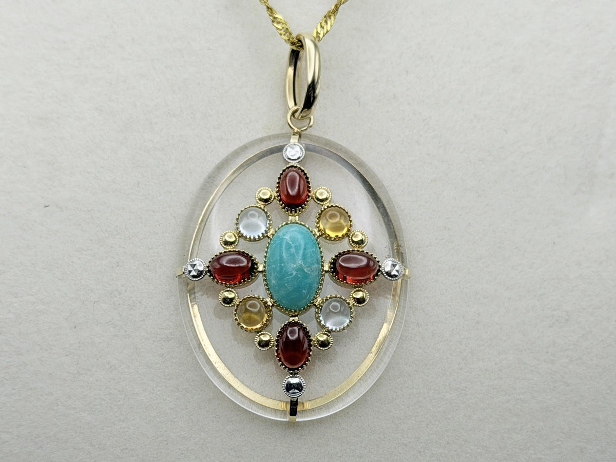 Vintage 14K Yellow Gold Rock Crystal Quartz Amazonite Multi-Gem Pendant