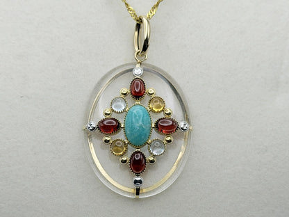 Vintage 14K Yellow Gold Rock Crystal Quartz Amazonite Multi-Gem Pendant