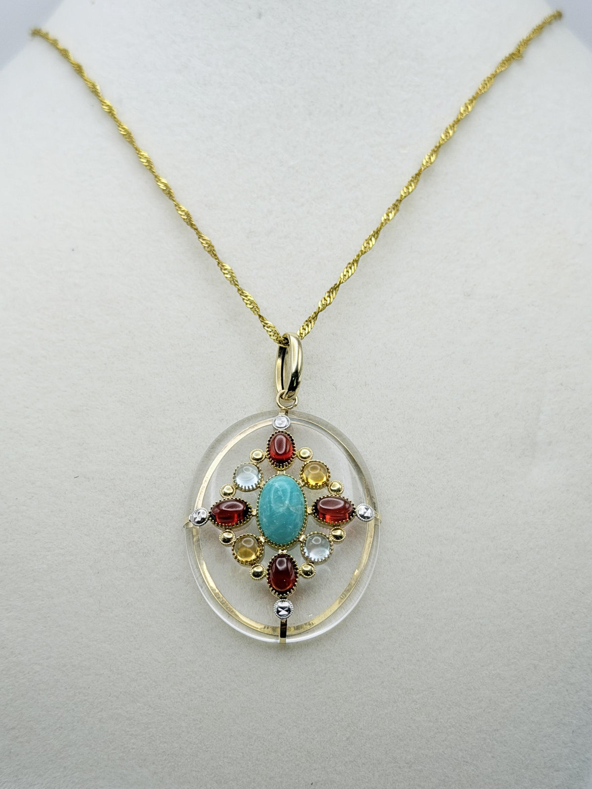 Vintage 14K Yellow Gold Rock Crystal Quartz Amazonite Multi-Gem Pendant