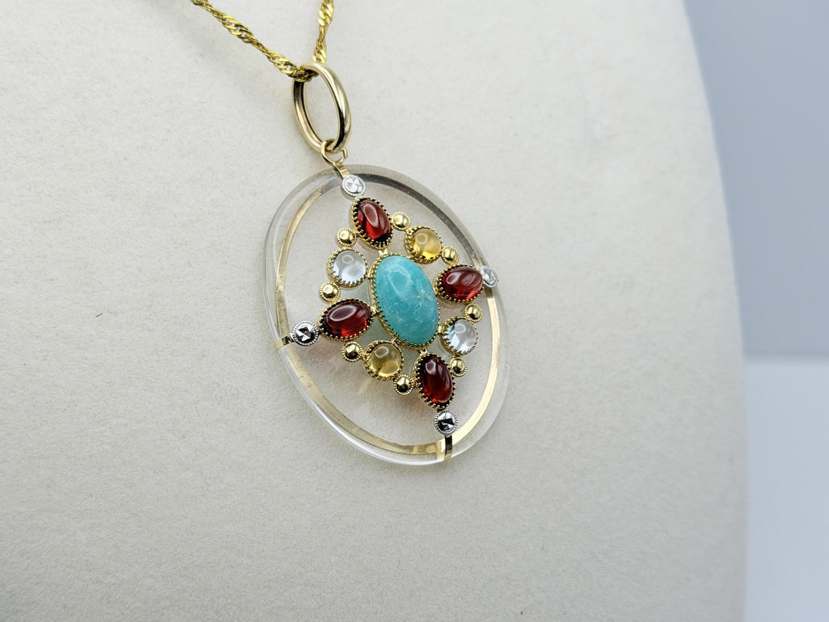 Vintage 14K Yellow Gold Rock Crystal Quartz Amazonite Multi-Gem Pendant