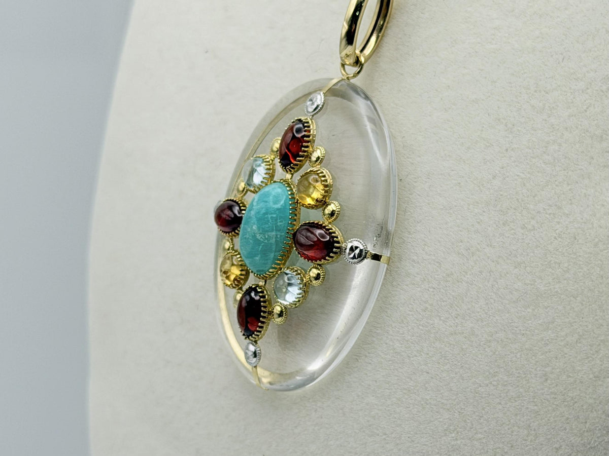 Vintage 14K Yellow Gold Rock Crystal Quartz Amazonite Multi-Gem Pendant